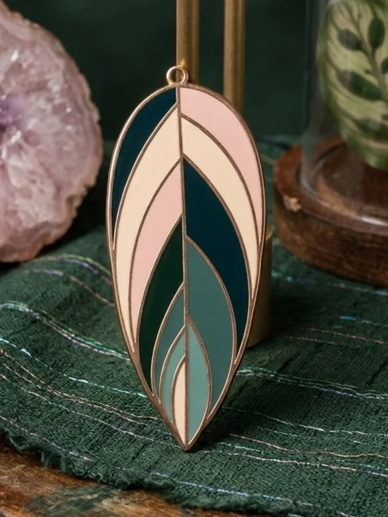 Leaf Enamel Pendant Gold Tone Green Pink Geometric Botanical - Picture 3 of 4